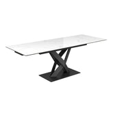 Modern Phoenix High Gloss White Ceramic on Glass Double Extending Dining Table with artistically designed designer base Sold online by Pendle Village Furniture